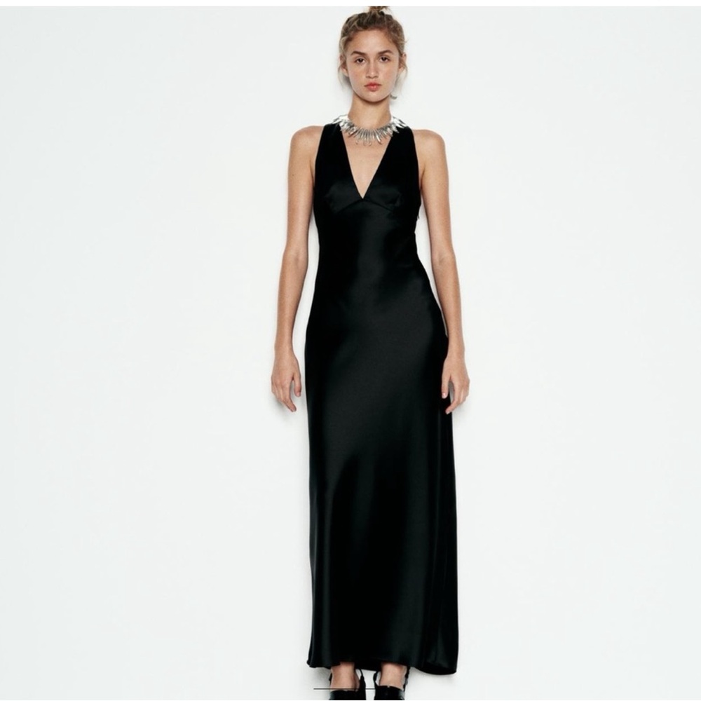 NWT Zara V-Neck Satin Effect Open Back Midi Dress